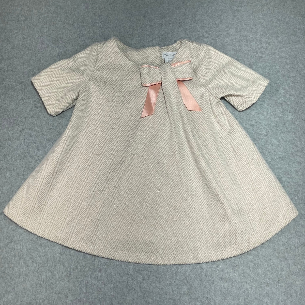 Tahari Baby Dress Herringbone Beige Cream Gold Pink Bow size 18 months